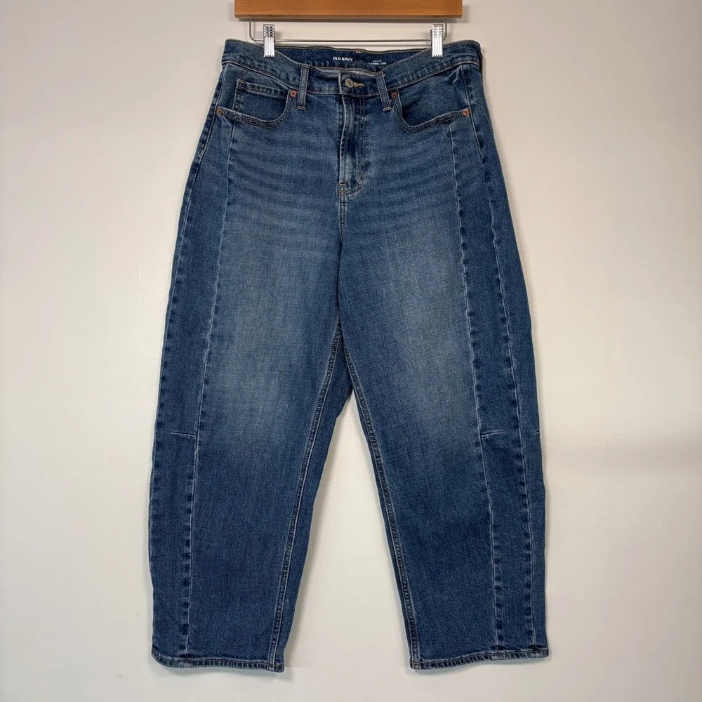 Old Navy Womens Barrel Leg Jeans Size 12 Blue High Rise Seam Detail Denim